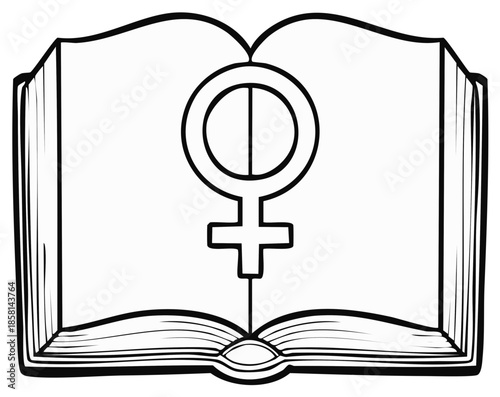 Open book illustration with gender symbol female feminism.