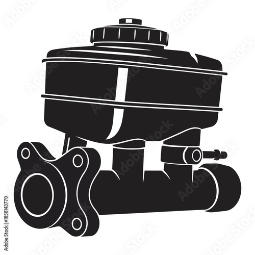 Automotive car brake master cylinder vector illustration in black and white silhouette style for vehicle braking system maintenance