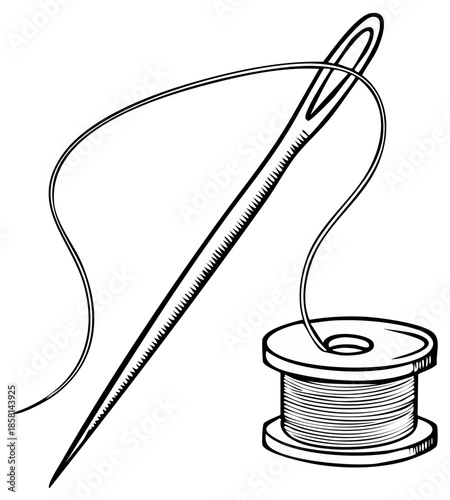 Hand sewing needle and thread spool illustration for craft and tailoring hobbies