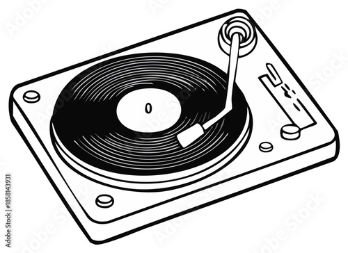 Retro Turntable and Vinyl Record Player Line Art Drawing Music Device Outline