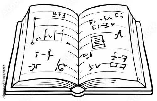 Open book with handwritten equations and mathematical symbols