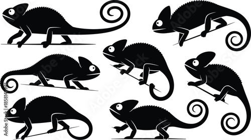 Black chameleon silhouette set in different poses, minimalist vector reptile illustration collection isolated on white background for wildlife, nature, logo, and design use