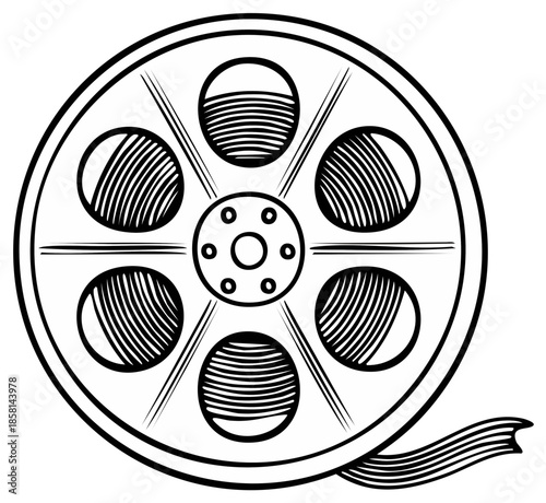 Black and white film reel icon, graphic vector illustration.