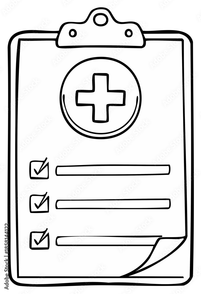 Obraz premium Clipboard with Medical Cross and Checklist Drawing, Hand Drawn Report