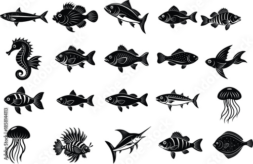 Diverse Fish and Marine Life Silhouettes Set