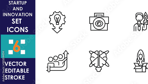 Minimal startup and innovation icons set showing idea, camera, team, growth chart, brain, rocket, and lab, presented as clean editable vector line symbols collection