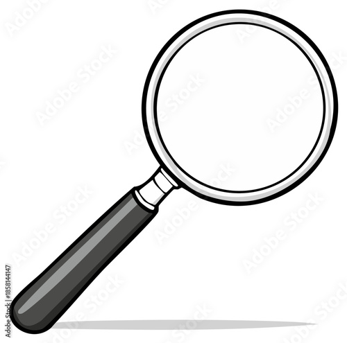 Illustrated magnifying glass with black handle and silver rim vector graphic