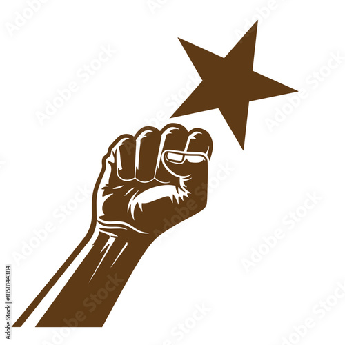 Vintage Brown fist holding a star symbol on white background
