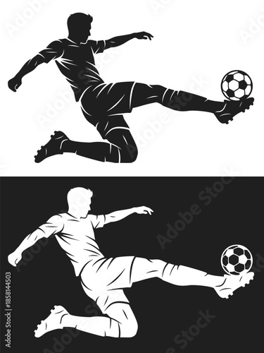 Soccer player illustration showing a male athlete jumping and striking a football in midair during an attacking play.