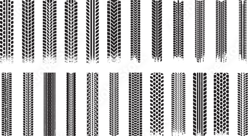 Collection of various black tire tread patterns silhouette, showing different types of textures and designs , banner vector illustration.  2