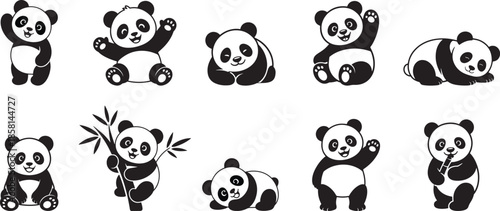 Collection of Panda various poses clipart, Animal panda drawing, cute animal, banner vector illustration.