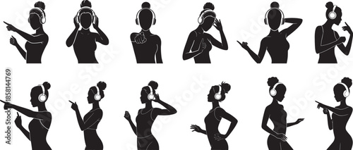 Collection of women in silhouette, wearing headphones, in dynamic and expressive poses, holding the headset, or dancing, banner, invitation vector illustration.  