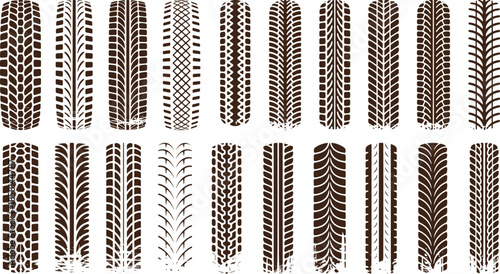 Collection of various black tire tread patterns silhouette, showing different types of textures and designs , banner vector illustration.  2
