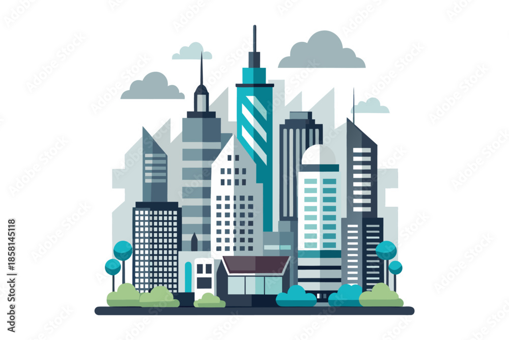 Fototapeta premium Futuristic City Skyline with Modern Skyscrapers Illustration.