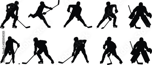 Black ice hockey player silhouettes collection isolated on white background, dynamic sports action poses set for team branding, logos, posters, and illustrations