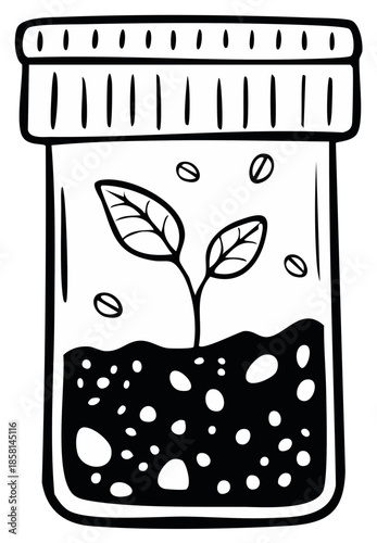 Hand drawn illustration of a plant seedling growing in a jar with soil and seeds, conceptual for growth and science