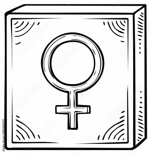 Woman symbol gender icon in doodle style on square block illustration. Womanhood concept. Line drawing.