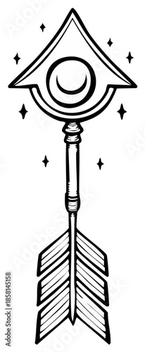 Mystical Arrow with Crescent Moon and Stars Symbol
