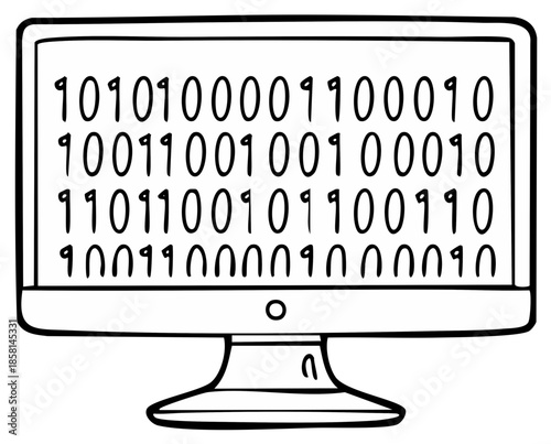 Computer monitor displaying binary code in a digital sketch style