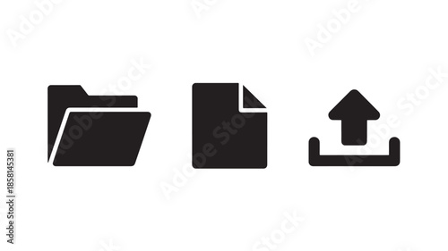 File and upload icons in simple flat design with black color on white background for web interface