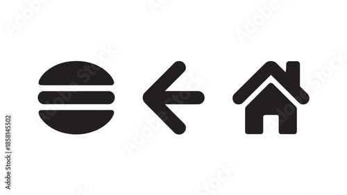 Minimalist hamburger icon pointing to simple house icon in black and white for web design
