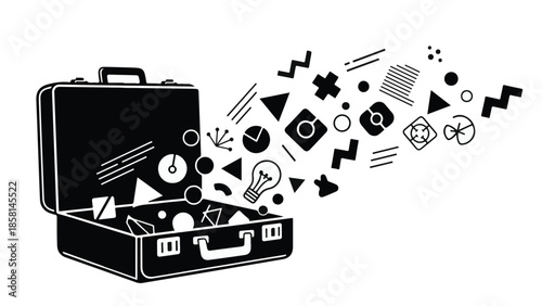 Open briefcase releasing a burst of creative ideas and abstract shapes
