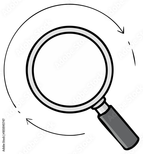 Magnifying glass with circular arrows symbolizing research and analysis.