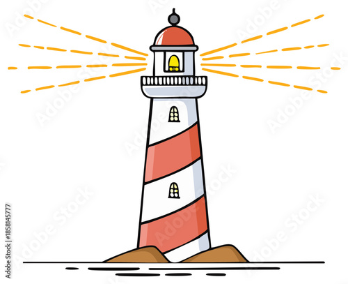 Cartoon lighthouse with red and white stripes, radiating light, sea element vector illustration.