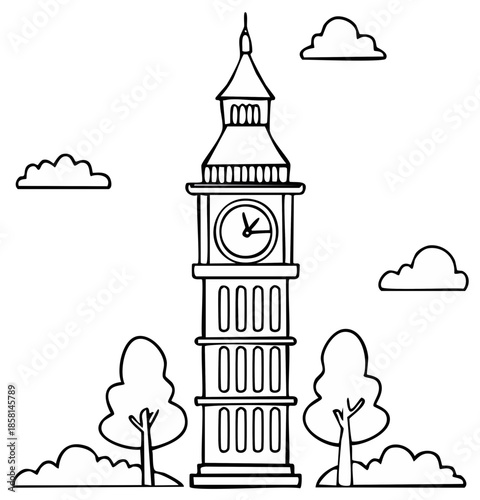 Cartoon Illustration of Big Ben, Trees, and Clouds