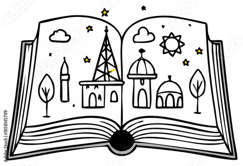 Open book with illustrated fantasy city skyline and celestial elements during daytime