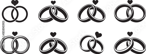 Collection of two interlocking wedding rings silhouettes, adding a touch of romance to the composition, symbolizing unity and marriage, simple linear style, love concept banner vector illustration.