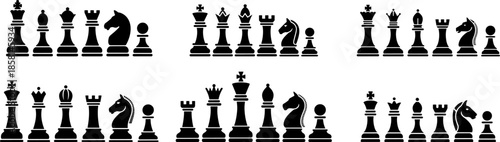 Collection of Chess pieces arranged in a strategic formation silhouette, including king, queen, bishop, rook, knight, and pawn, arranged side by side, banner vector illustration.