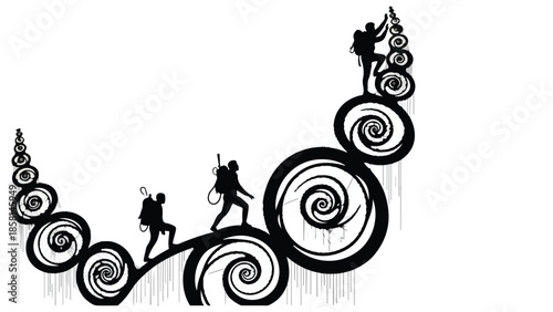 Silhouettes of hikers ascend a stylized, swirling path towards a summit, symbolizing achievement and perseverance.