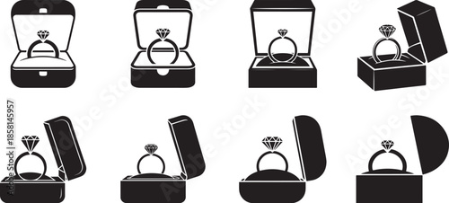 Collection of diamond ring inside an open jewelry box  Symbol of Love and Commitment, love concept, banner vector illustration.