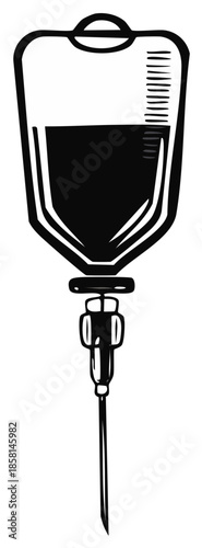 Medical illustration of an IV bag with liquid and needle, black and white