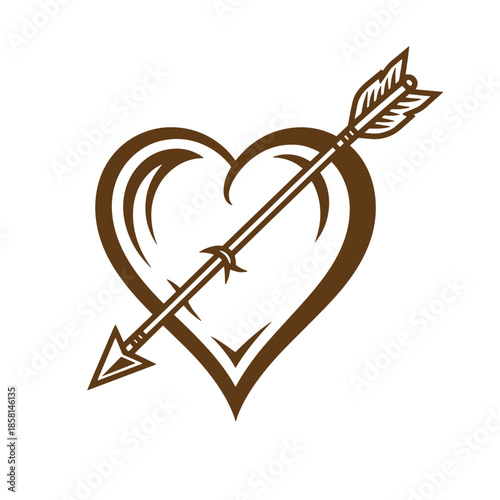 Vintage Brown heart pierced by arrow symbol isolated on white background