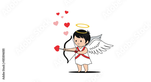 Adorable cartoon cupid with a halo and wings takes aim with his bow and a heart-shaped arrow on a clean white background.