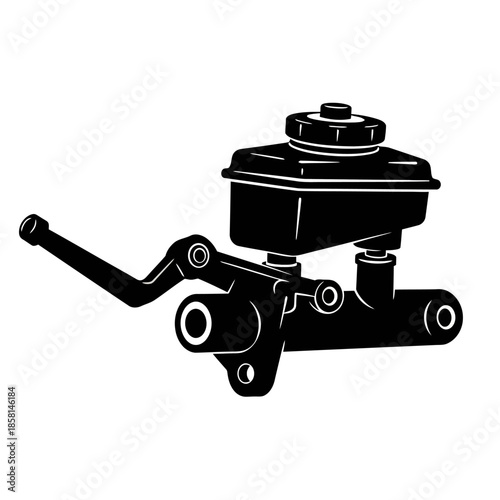 Automotive car brake master cylinder vector illustration in black and white silhouette style for vehicle braking system maintenance