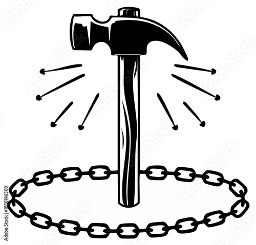 Hammer and Chain Symbol of Strength and Breaking Free from Bondage in Black and White Graphic Style