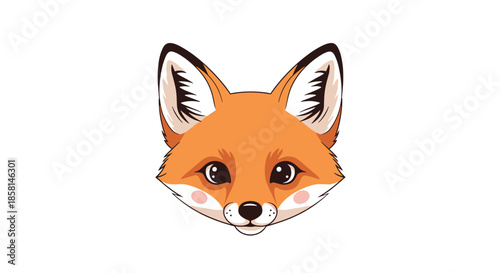 Adorable and detailed illustration of a cute red fox face with big eyes and rosy cheeks looking forward on a white background.