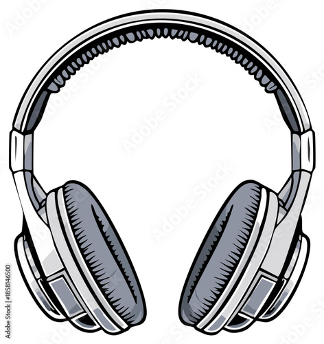 Illustrated pair of over-ear headphones in grayscale color scheme for music listening