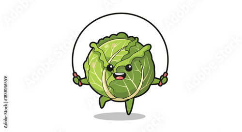 Cute and happy cartoon cabbage character with a smiling face exercising by energetically jumping with a skipping rope.