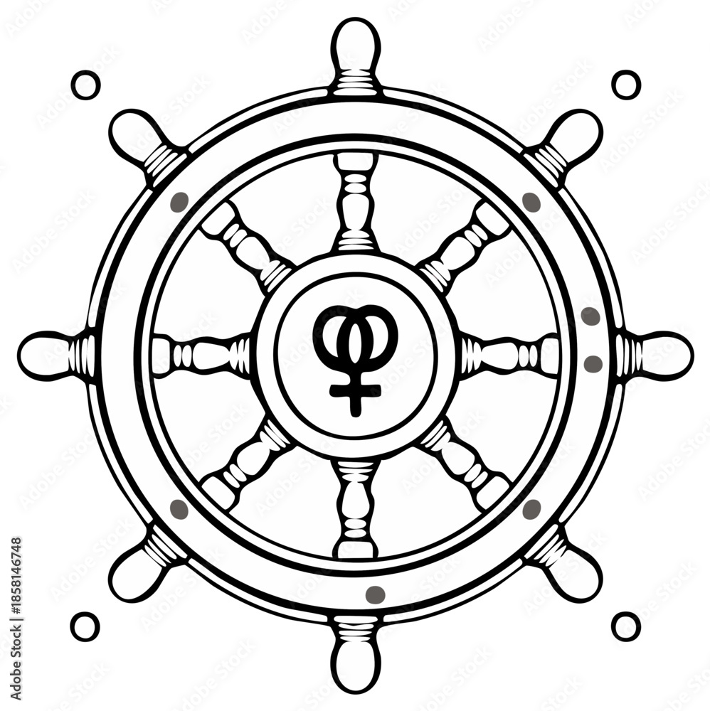 Obraz premium Ship Wheel Icon with Venus Symbols Inside - nautical, gender equality, LGBT, vector illustration