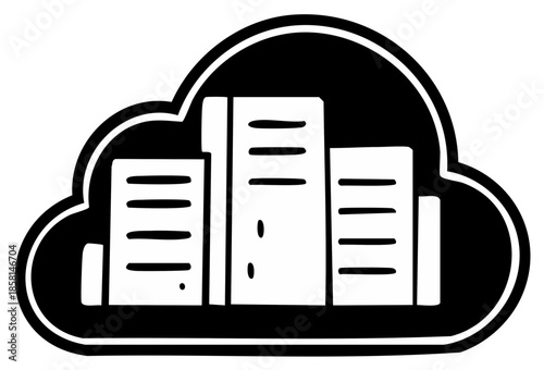 Cloud data storage concept with outline of three buildings