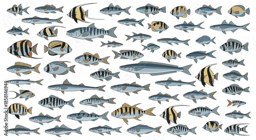 A diverse and detailed collection of various species of sea and river fish isolated on a clean white background for study.