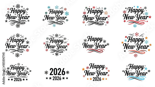 Collection of happy new year graphic elements and festive designs for celebrations