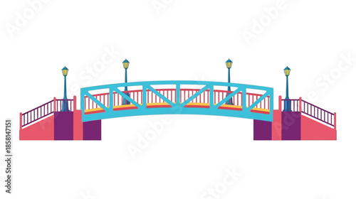 Colorful illustration of a pedestrian bridge with ornate railings and street lamps