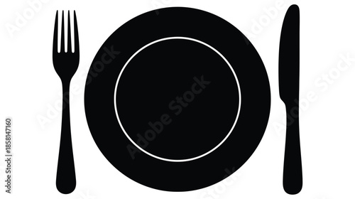 Simple black and white illustration of a fork plate and knife