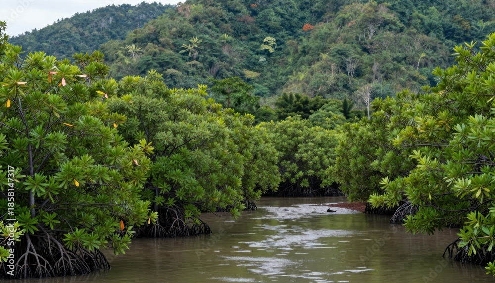 Obraz premium Lush Mangrove Forest Along Tranquil River in Tropical Environment Surrounded by Mountains