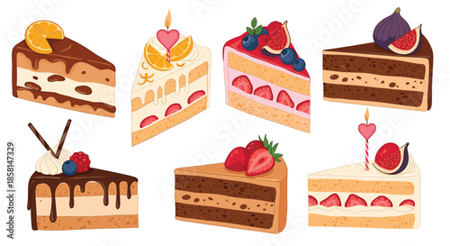 A delicious and varied set of seven different slices of cake, decorated with fruits, chocolate, cream, and birthday candles.